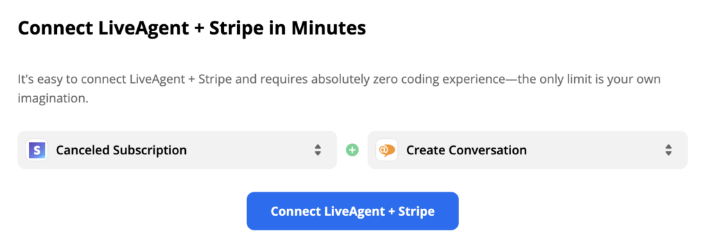 Exemple de sélection d'un déclencheur Stripe et d'une action LiveAgent