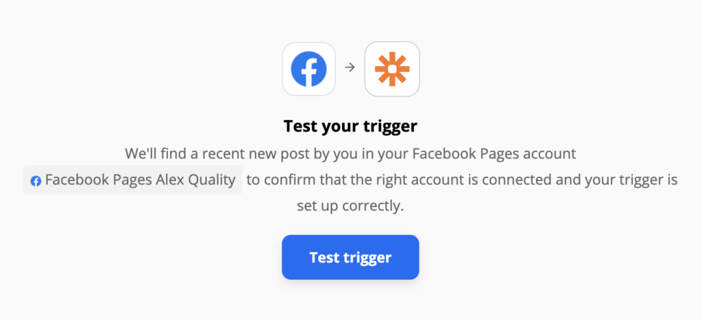 Test de déclenchement de pages Facebook sur Zapier